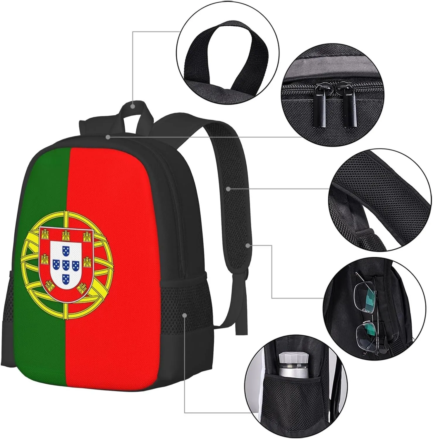 Portugal Portuguese Flag Travel Backpack Casual Backpacks 15 Inch Laptop Back Pack Lightweight Rucksack Outdoor Sport Daypack Large Bags for Working Camping Hiking