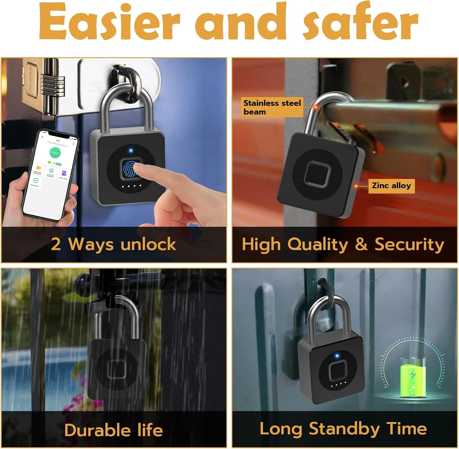 Pothunder Fingerprint Padlock, Fingerprint Lock with APP, Padlock with Keyless Biometric, Smart Padlock Waterproof Suitable for Gym, Locker, Gates, Fence and Storage, YL-P6BF