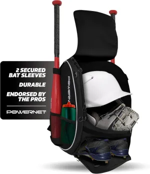PowerNet Starter Backpack, Softball & Baseball Bag, Organized Pockets for Baseball Accessories, Helmet, Gloves, Catchers Gear & Baseball Bat Sleeves, Youth Travel Sports Backpack for Teams