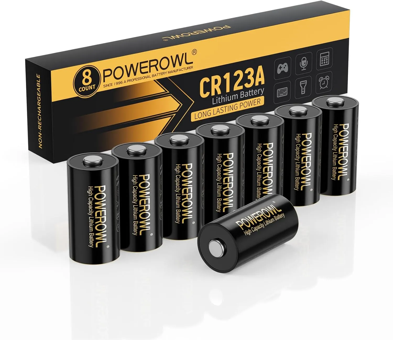 POWEROWL 123 Batteries Cr123A 3V Lithium 8 Count, High Capacity 123A C123 Battery for Flashlight Camera Sensor
