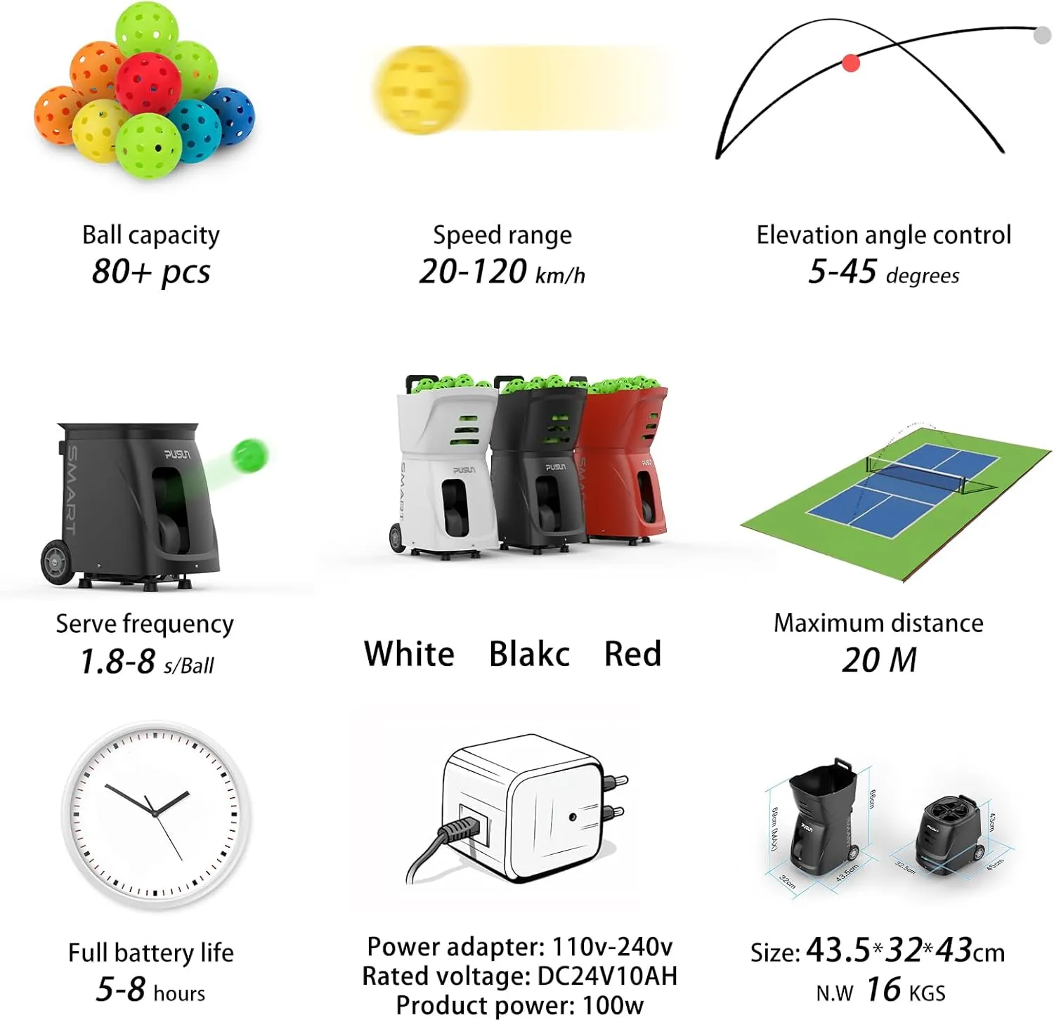 PP-Smart-【Smart Pickleball Machine】 80  Ball Capacity | 4-6 Hours Battery Life | Speed 20-120km/h | 20 Landing Points | 12 Fixed Modes | APP Control | Ideal for Training/Teaching/Matches
