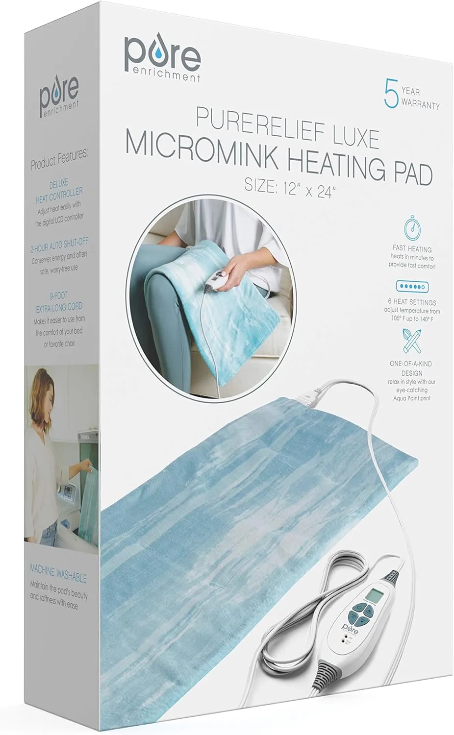 Pure Enrichment PureRelief Luxe Micromink Electric Heating Pad (12”x24”), 6 InstaHeat Settings, Ultra-Soft, Machine-Washable, Auto Shut-Off - for Temporary Pain Relief (Aqua Paint Designer Print)