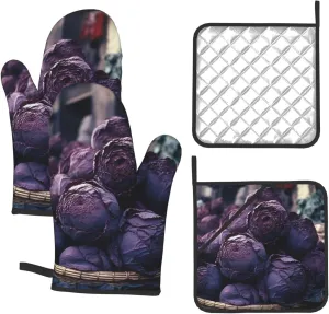 Purple Cabbage Print Oven Mitts and Pot Holders Set 4 Pcs Heat Resistant Kitchen Oven Gloves Potholders Extra Thicken Long Kitchen Gloves and Hot Pads for Cooking Baking Grilling