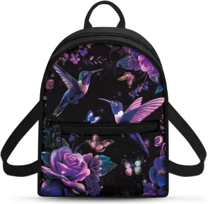 Purple Hummingbird Backpack Purse for Women Teen Girls Lightweight College Backpack Small Back Pack with Zipper Shoulder Bag for Travel Mini Casual Daypack for Hiking Carrier