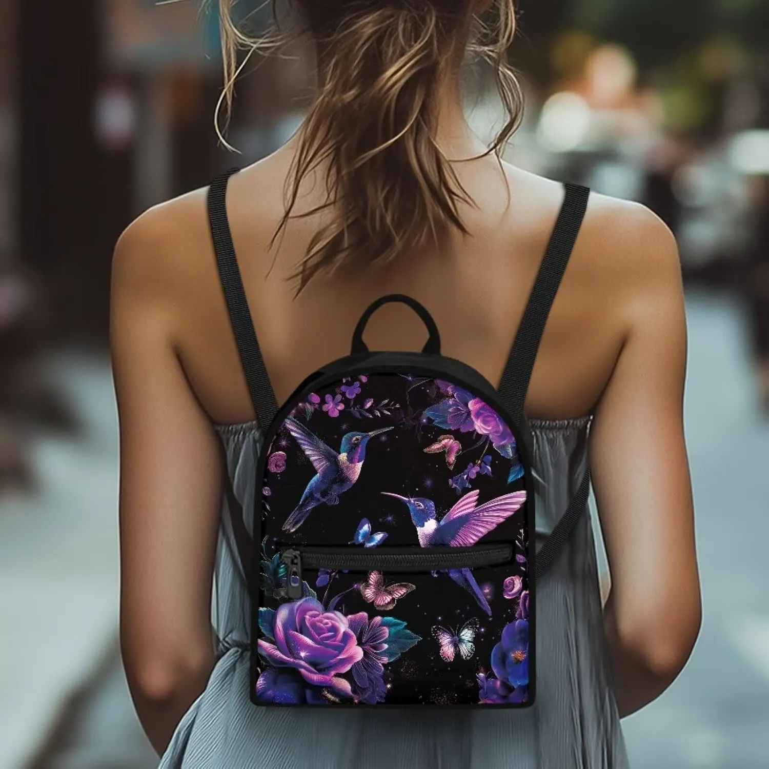 Purple Hummingbird Backpack Purse for Women Teen Girls Lightweight College Backpack Small Back Pack with Zipper Shoulder Bag for Travel Mini Casual Daypack for Hiking Carrier