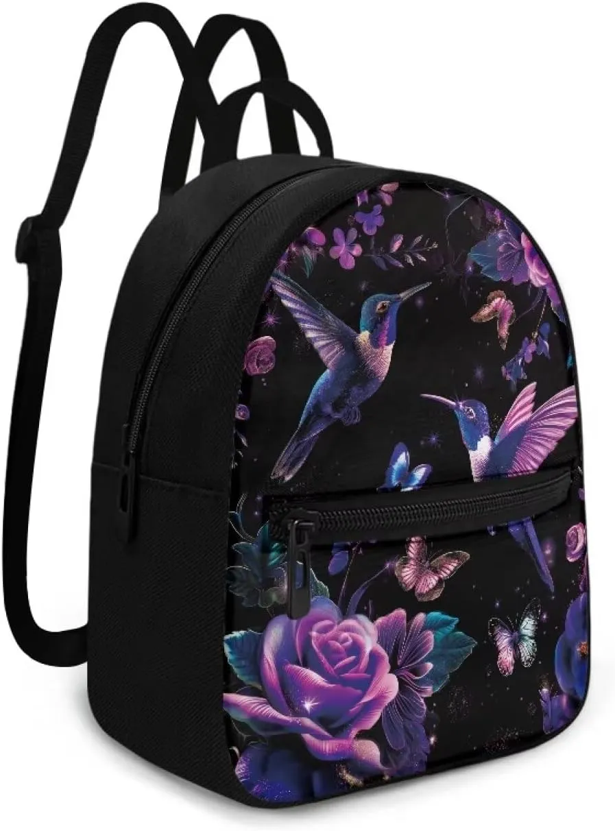Purple Hummingbird Backpack Purse for Women Teen Girls Lightweight College Backpack Small Back Pack with Zipper Shoulder Bag for Travel Mini Casual Daypack for Hiking Carrier