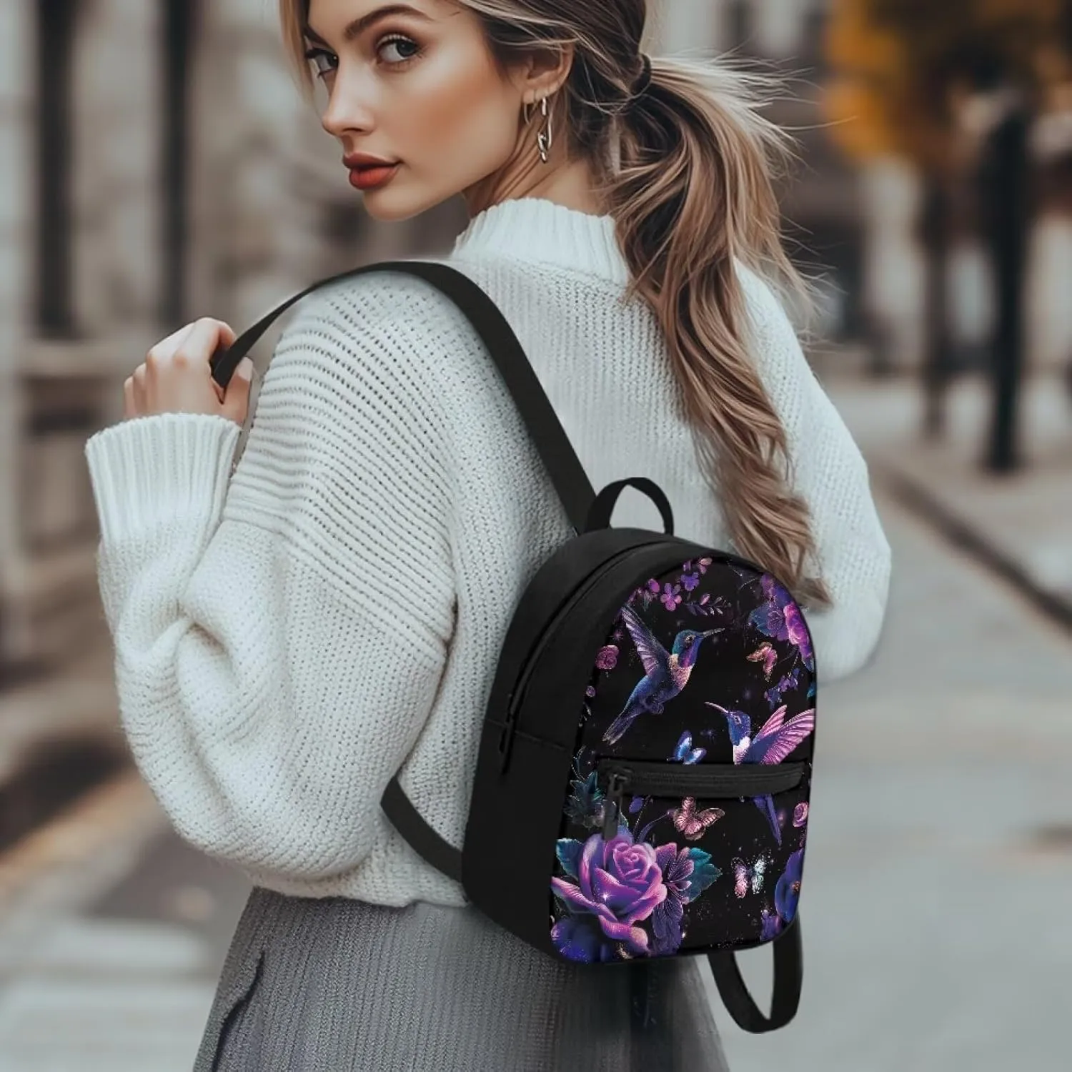 Purple Hummingbird Backpack Purse for Women Teen Girls Lightweight College Backpack Small Back Pack with Zipper Shoulder Bag for Travel Mini Casual Daypack for Hiking Carrier