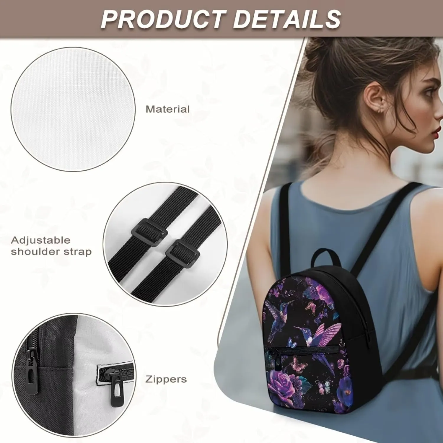 Purple Hummingbird Backpack Purse for Women Teen Girls Lightweight College Backpack Small Back Pack with Zipper Shoulder Bag for Travel Mini Casual Daypack for Hiking Carrier