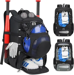 RAINSMORE Baseball Bag for Youth & Adult Lightweight Softball Bat Bag with Shoe Compartment, External Helmet Holder and Fence Hook Waterproof Baseball Backpack Hold T-Ball, Bat and Softball Equipment
