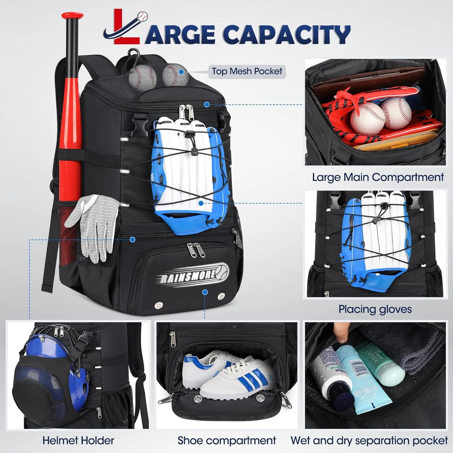 RAINSMORE Baseball Bag for Youth & Adult Lightweight Softball Bat Bag with Shoe Compartment, External Helmet Holder and Fence Hook Waterproof Baseball Backpack Hold T-Ball, Bat and Softball Equipment
