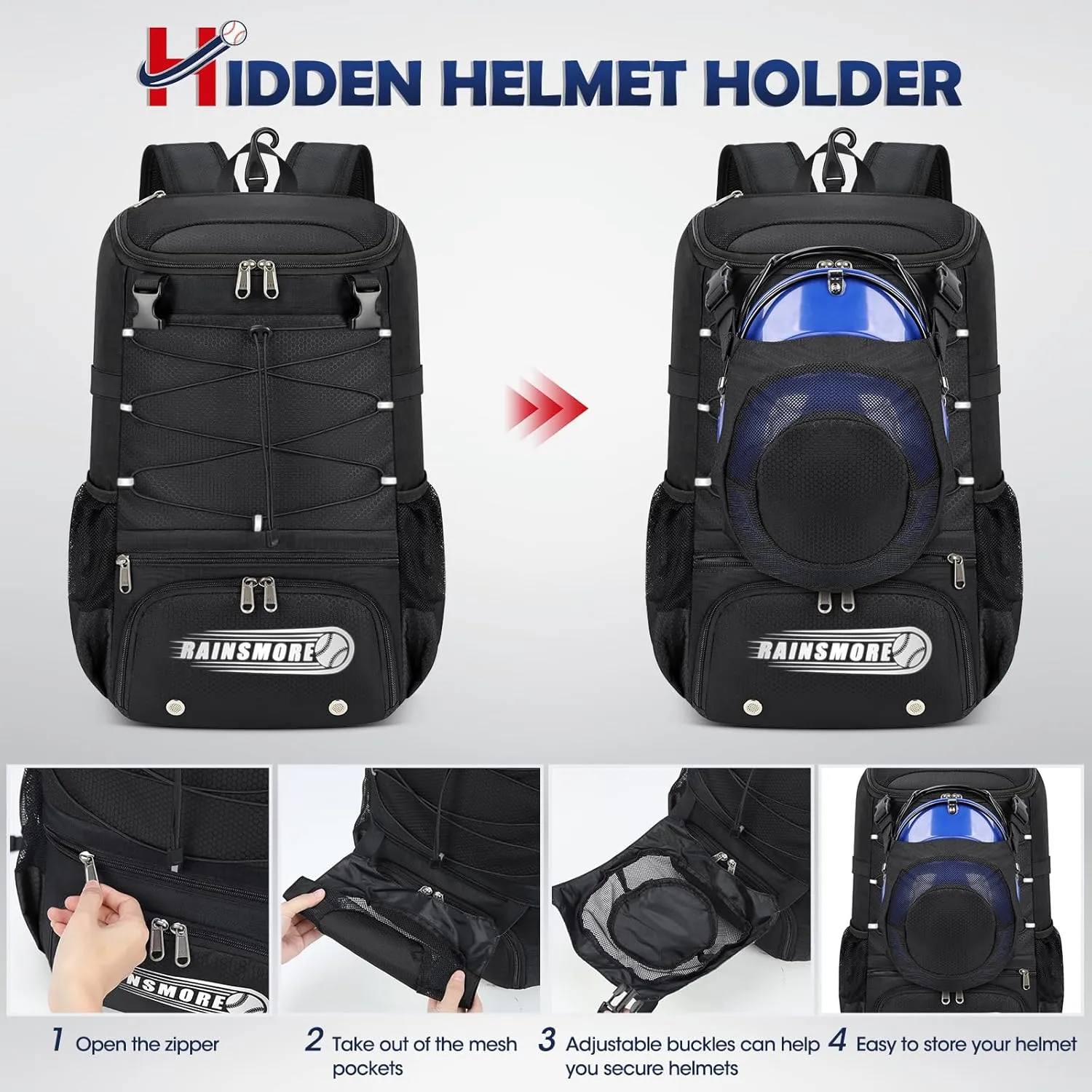 RAINSMORE Baseball Bag for Youth & Adult Lightweight Softball Bat Bag with Shoe Compartment, External Helmet Holder and Fence Hook Waterproof Baseball Backpack Hold T-Ball, Bat and Softball Equipment
