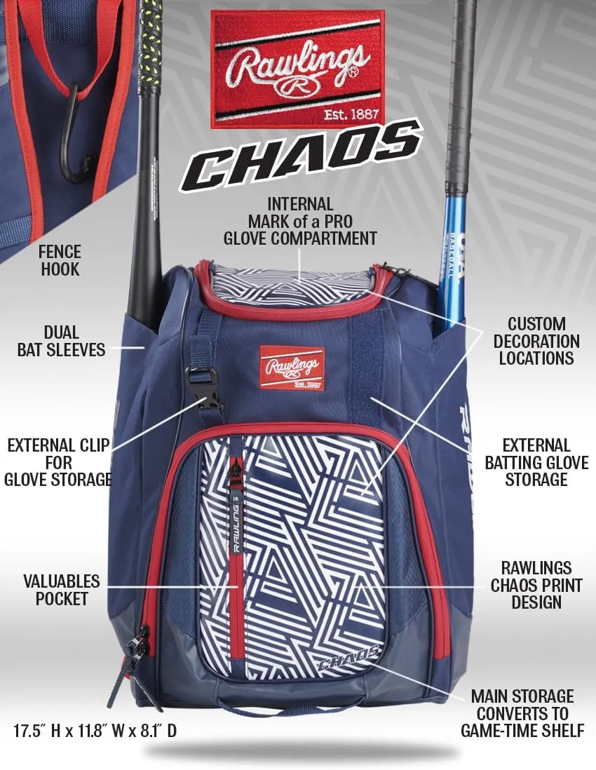 Rawlings | CHAOS Backpack Bag Series | T-Ball & Youth | Baseball & Fastpitch Softball | Multiple Colors