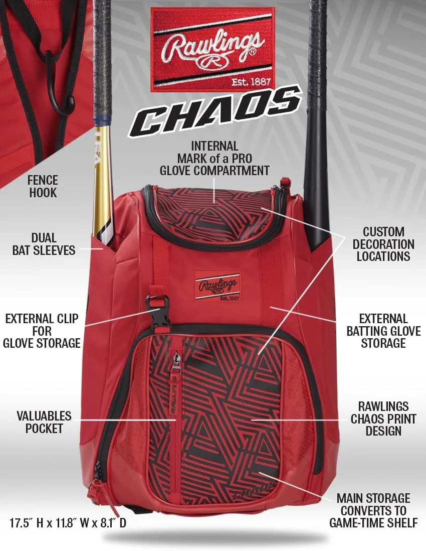 Rawlings | CHAOS Backpack Bag Series | T-Ball & Youth | Baseball & Fastpitch Softball | Multiple Colors