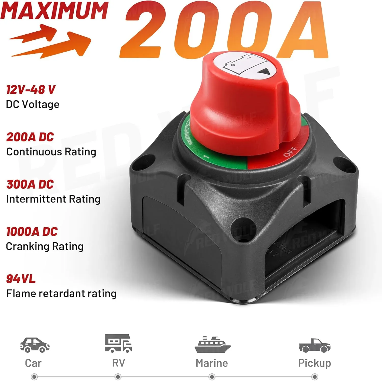 RED WOLF 1-2-Both-Off Battery Switch DC 12V-48V 200A, Heavy Duty Marine Battery Power Cut Master Switch Disconnect Isolator Ignition Protected for Automotive RV Marine Battery Kill w/M8 Stud
