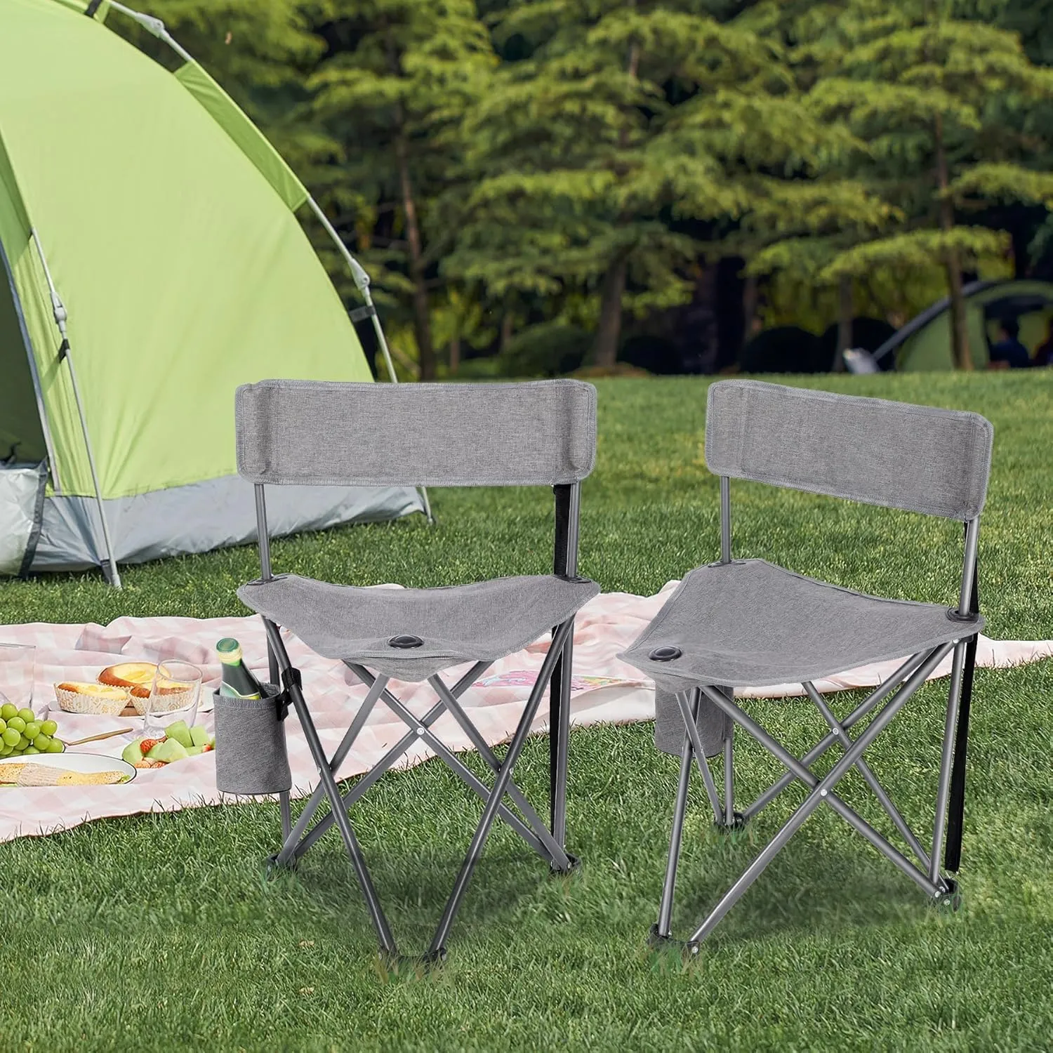 REDCAMP 2 Pack Tripod Camping Chairs Folding Lightweight, Portbal 3 Legged Tripod Stool Seat with Cup Holders, Small Fishing Chairs Compact for Adults Golf, Hunting,Dark Grey