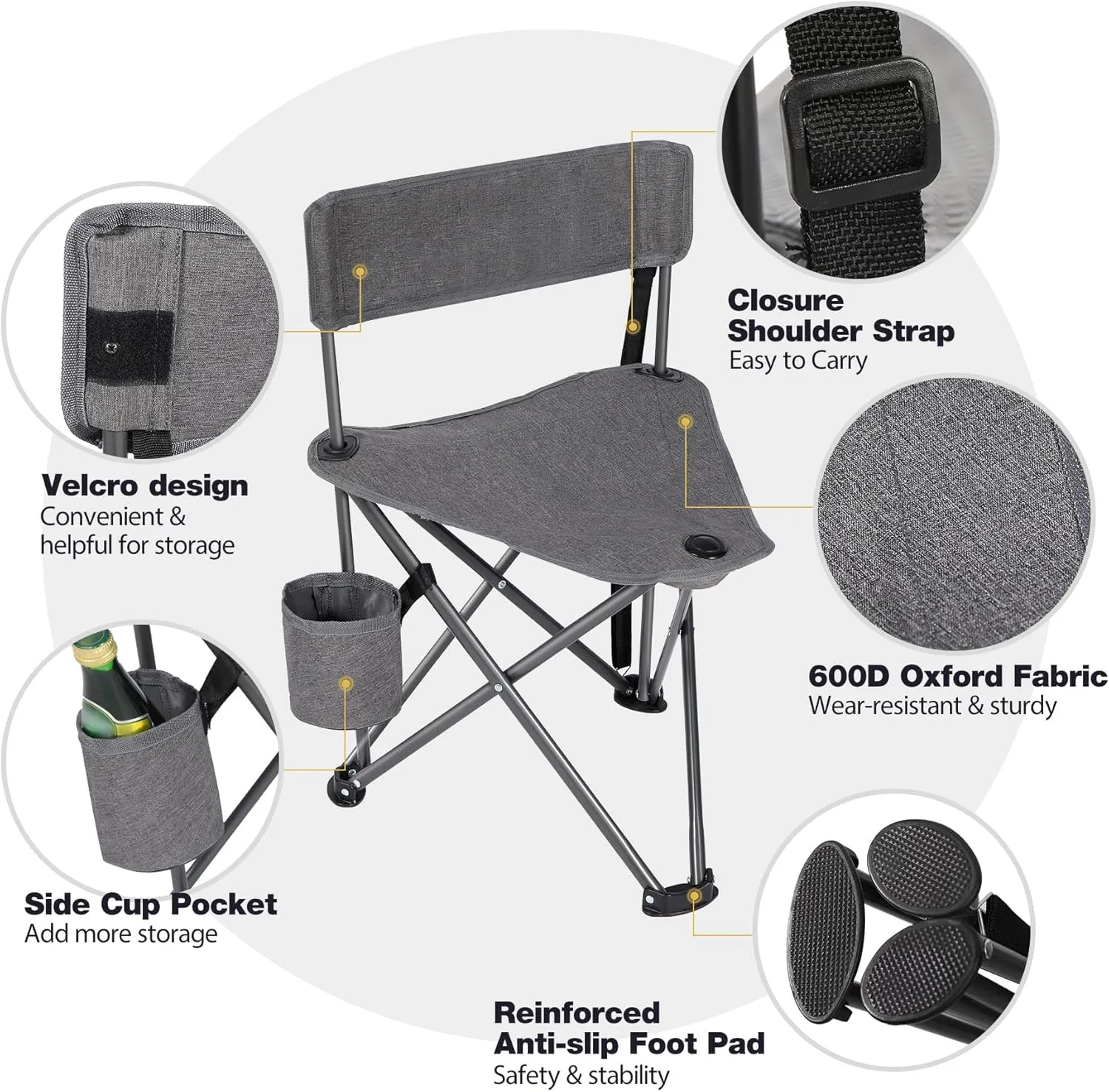 REDCAMP 2 Pack Tripod Camping Chairs Folding Lightweight, Portbal 3 Legged Tripod Stool Seat with Cup Holders, Small Fishing Chairs Compact for Adults Golf, Hunting,Dark Grey
