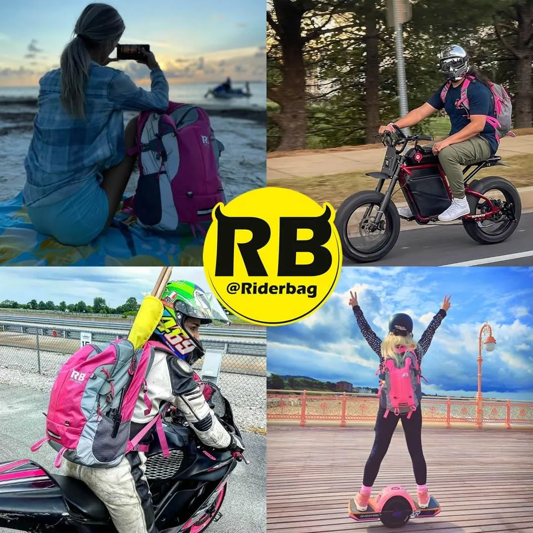 Reflective Motorcycle Backpack – Lightweight Hi Viz Riding Gear with Helmet Holder, Laptop pocket, Ventilated Back, Cycling, Hiking, Sport & Commuter Daypack (pink backpack)