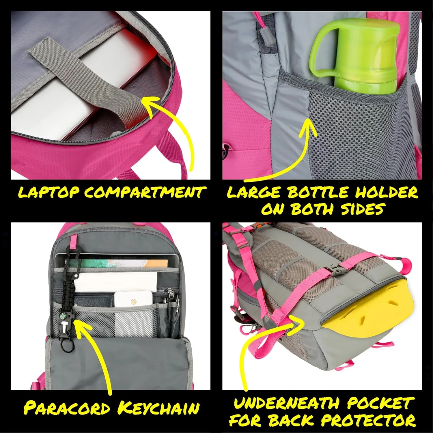 Reflective Motorcycle Backpack – Lightweight Hi Viz Riding Gear with Helmet Holder, Laptop pocket, Ventilated Back, Cycling, Hiking, Sport & Commuter Daypack (pink backpack)