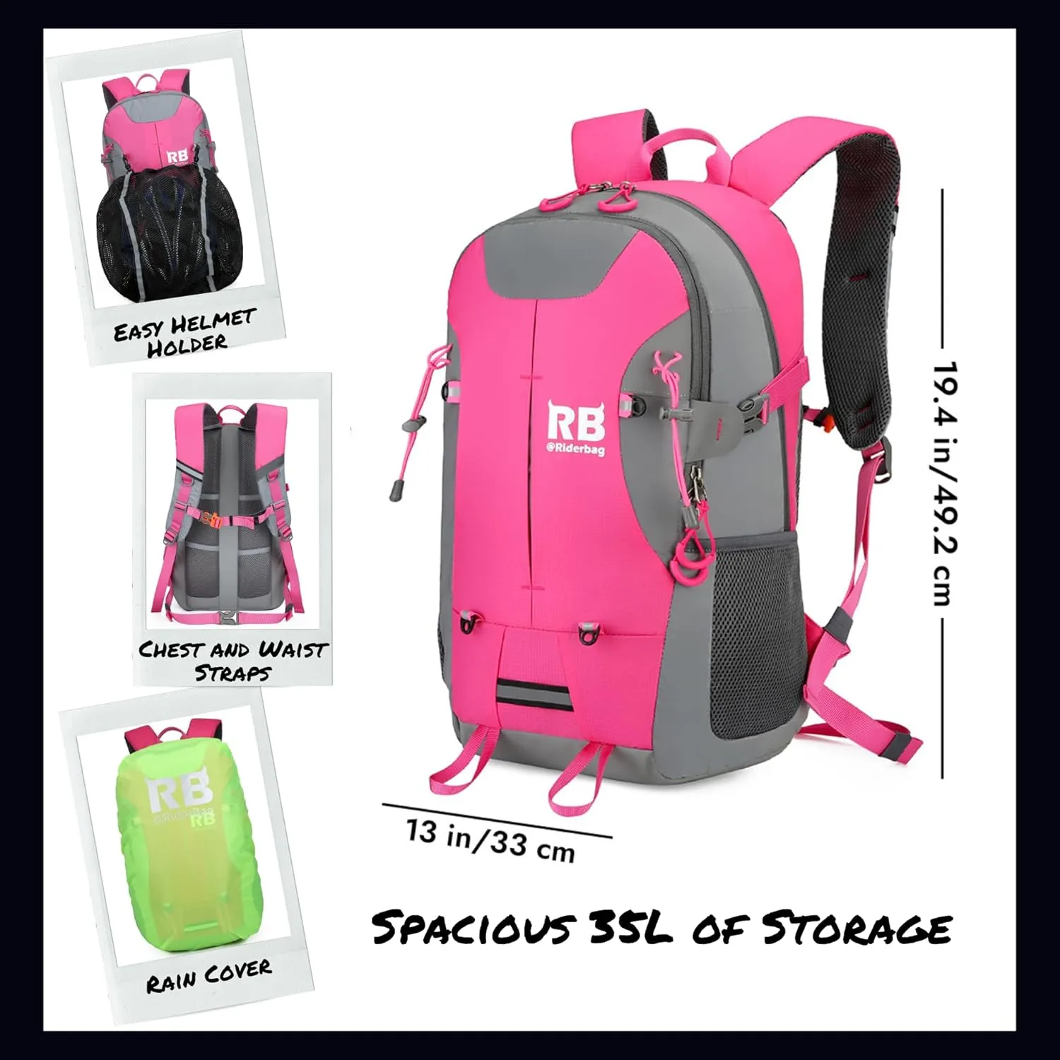 Reflective Motorcycle Backpack – Lightweight Hi Viz Riding Gear with Helmet Holder, Laptop pocket, Ventilated Back, Cycling, Hiking, Sport & Commuter Daypack (pink backpack)