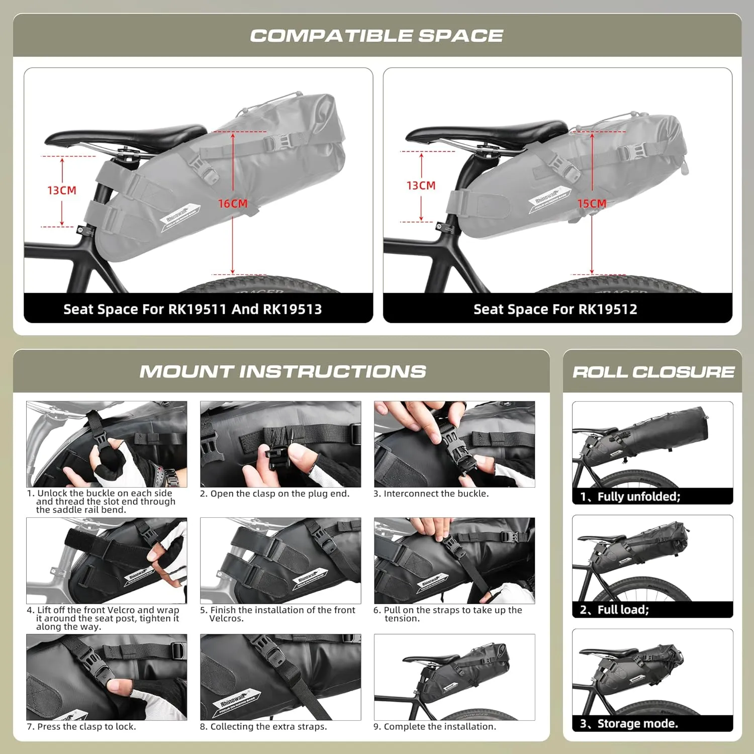Rhinowalk Bike Saddle Bag Waterproof Bicycle Bag Cycling Seat Bag Mountain Road Portable Storage Bag, 10L