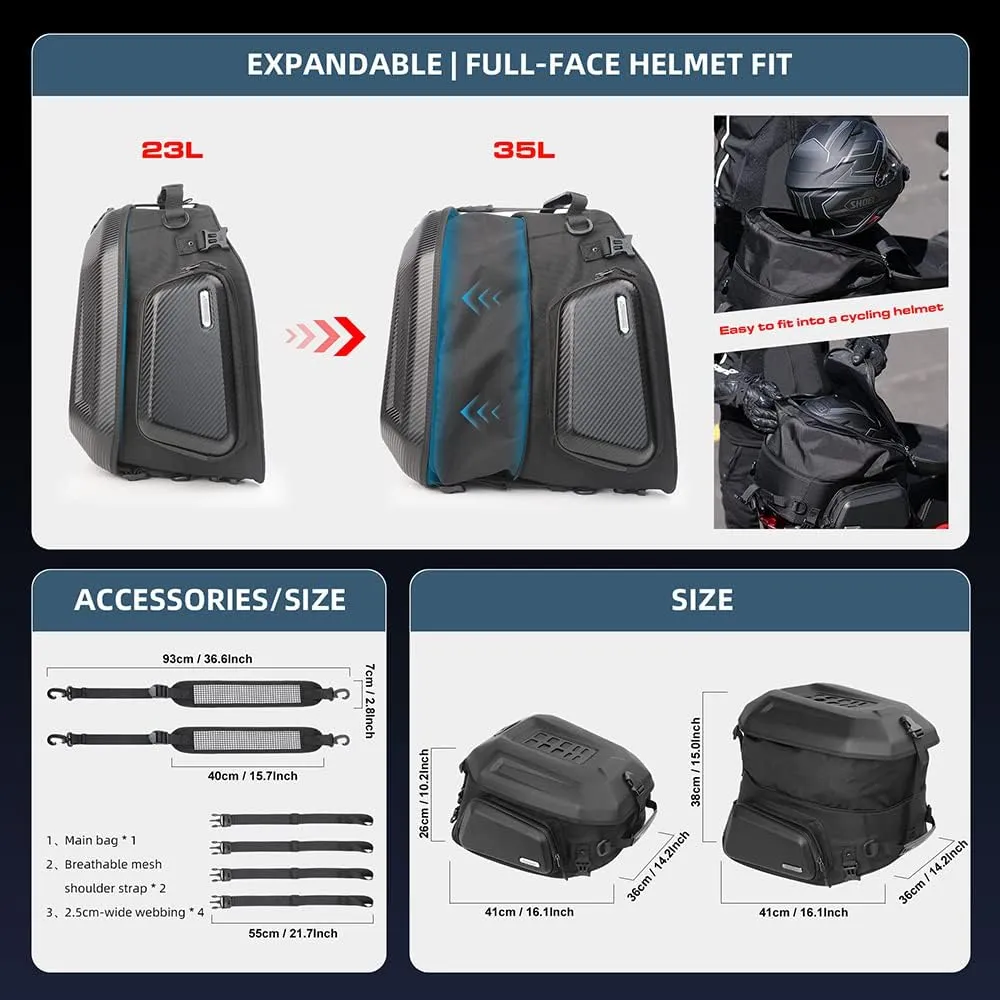 Rhinowalk Motorcycle Travel Luggage, Expandable motorcycle tail bag 35L,Waterproof All Weather/Trunk/Rack Bag with Sissy Bar Straps-Matt Black