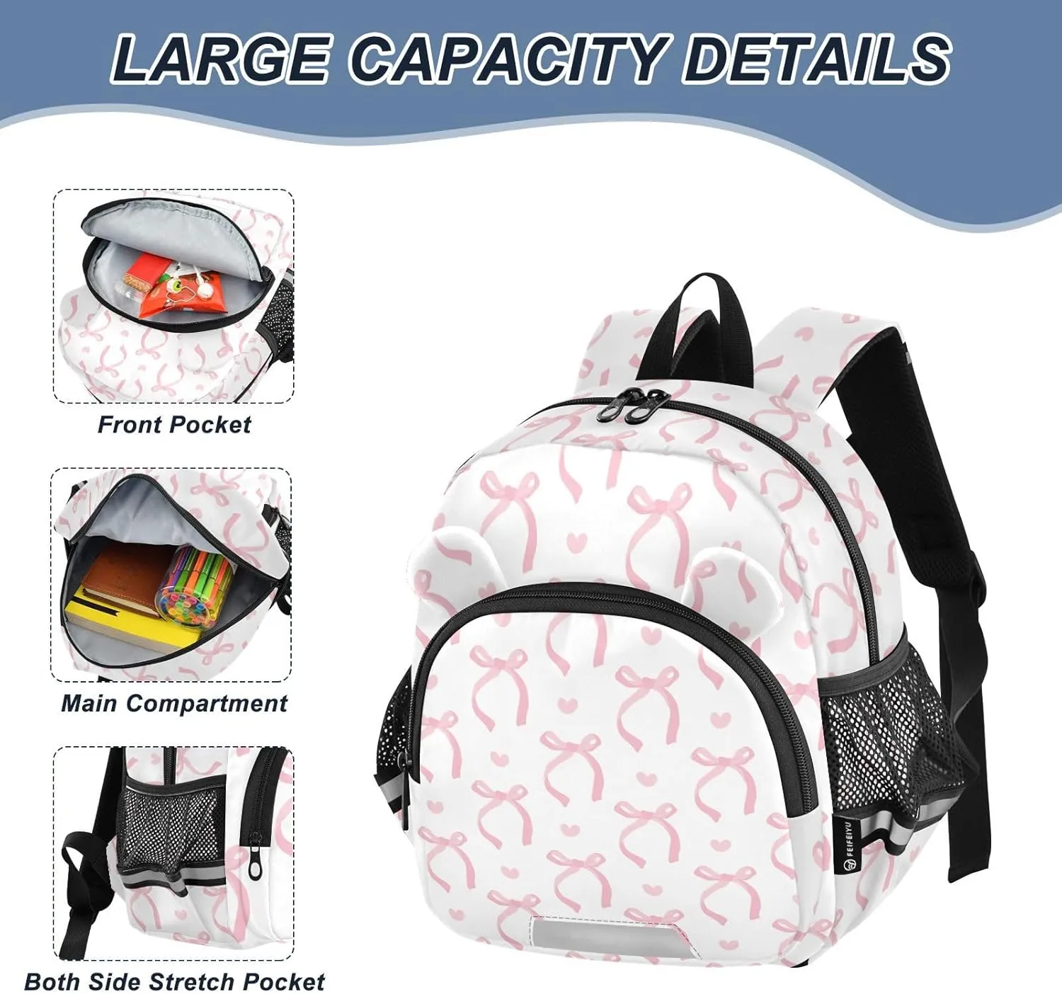 Ribbon Bow Pale Preschool Backpack Pink White Daycare Bookbag School Backpack with Traction Rope Fashion Casual Cartoon School Travel Picnic Birthday for Kids 3-6