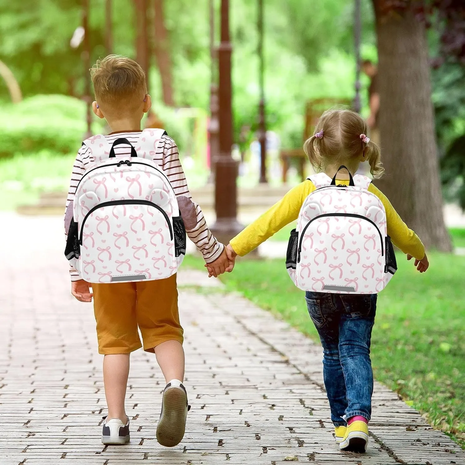 Ribbon Bow Pale Preschool Backpack Pink White Daycare Bookbag School Backpack with Traction Rope Fashion Casual Cartoon School Travel Picnic Birthday for Kids 3-6