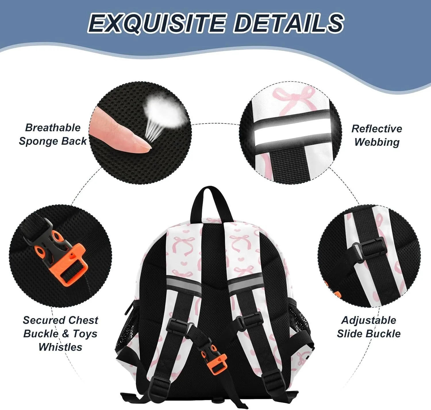 Ribbon Bow Pale Preschool Backpack Pink White Daycare Bookbag School Backpack with Traction Rope Fashion Casual Cartoon School Travel Picnic Birthday for Kids 3-6