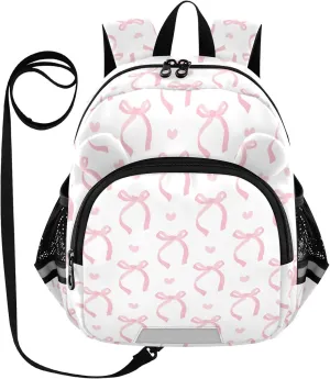 Ribbon Bow Pale Preschool Backpack Pink White Daycare Bookbag School Backpack with Traction Rope Fashion Casual Cartoon School Travel Picnic Birthday for Kids 3-6