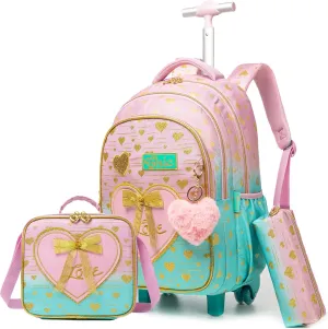 Rolling Backpack for Girls with Lunch Bag Backpack with Wheels for Girls 8-12 Backpacks for Girls Cute Bowknot Roller School Bag with Wheels