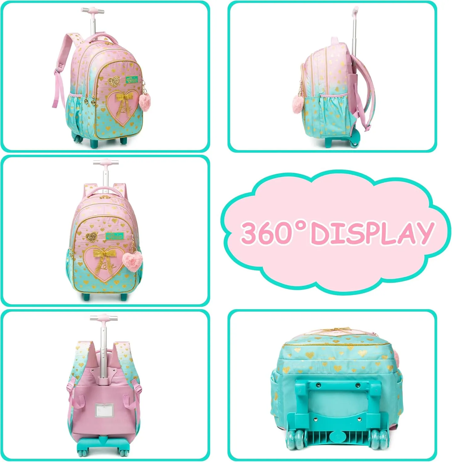 Rolling Backpack for Girls with Lunch Bag Backpack with Wheels for Girls 8-12 Backpacks for Girls Cute Bowknot Roller School Bag with Wheels