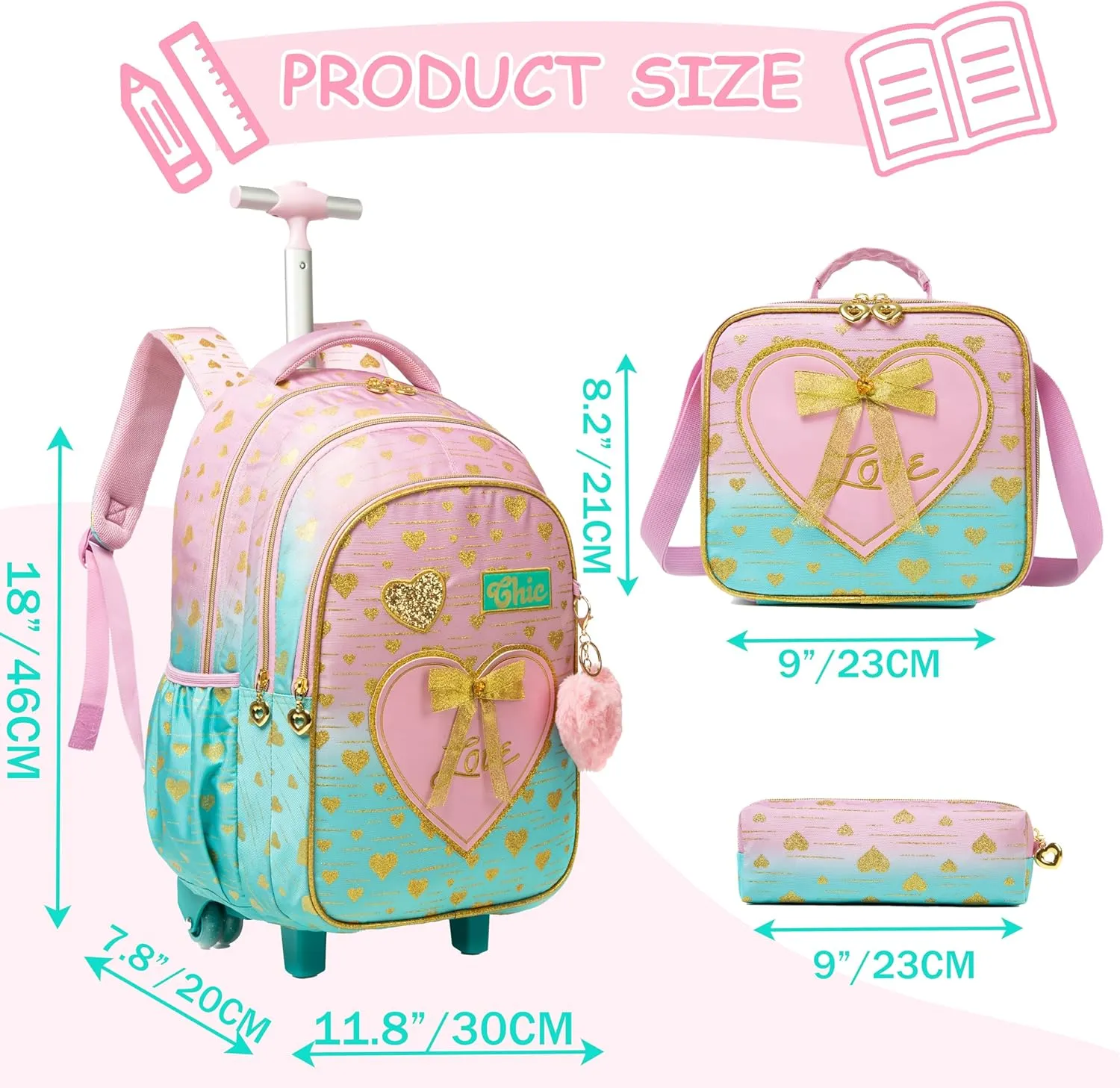 Rolling Backpack for Girls with Lunch Bag Backpack with Wheels for Girls 8-12 Backpacks for Girls Cute Bowknot Roller School Bag with Wheels