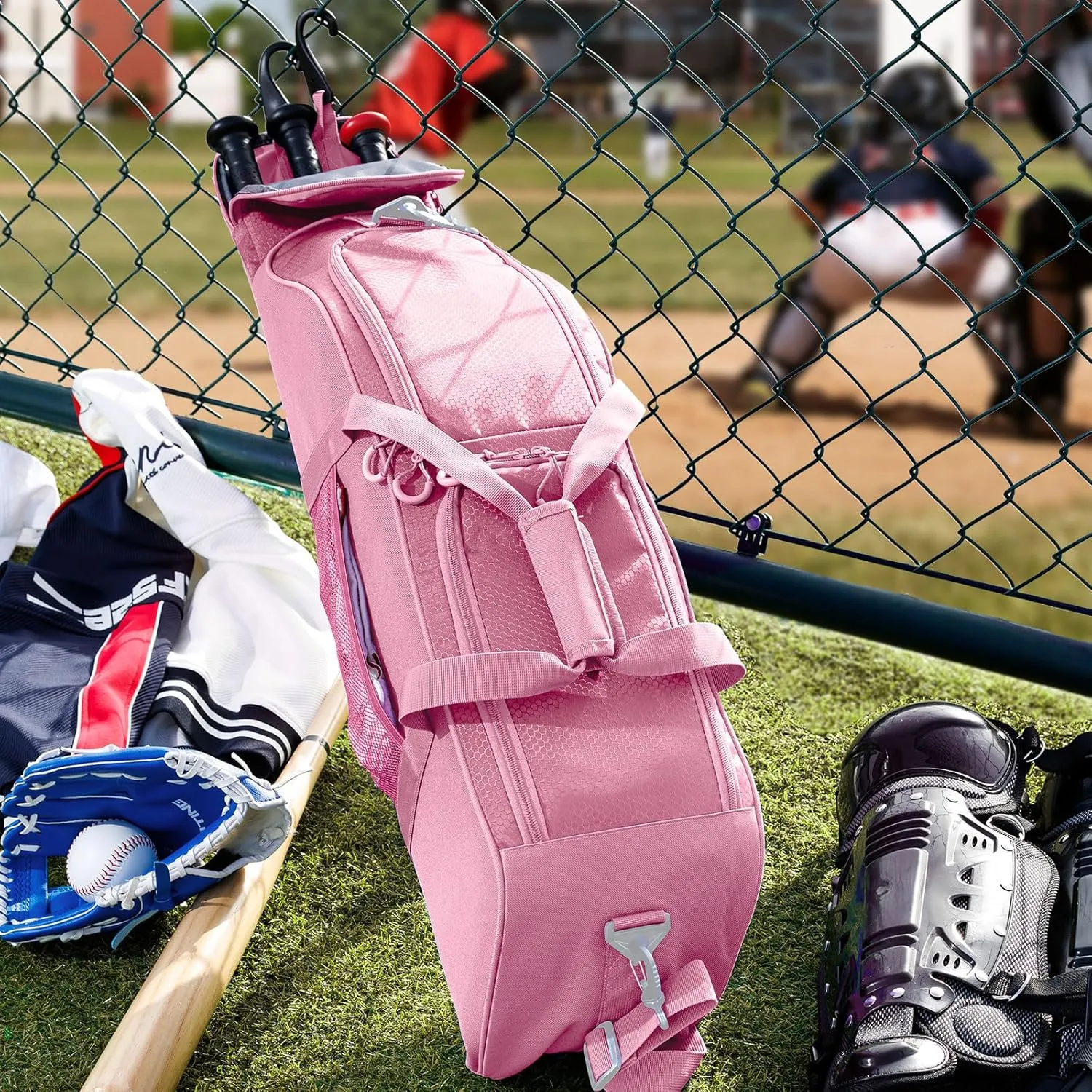 Rolling Baseball Bag With Wheels, Seperate Shoe Compartment and Fence Hook - Large Softball Bag for T-Ball - Team Equipment Duffle Bag - Catcher Gear Bag for Boys 8-12, Youth, Adults