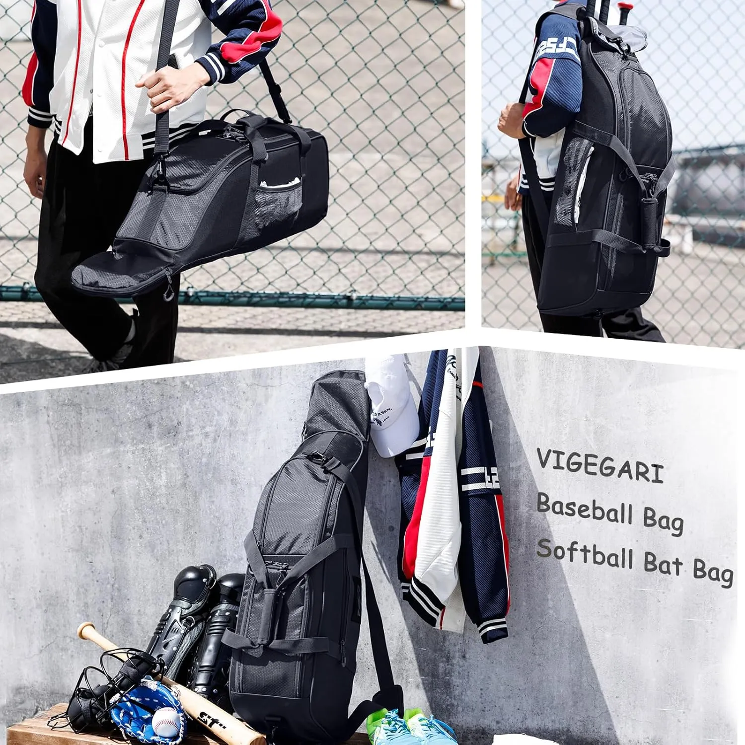Rolling Baseball Bag With Wheels, Seperate Shoe Compartment and Fence Hook - Large Softball Bag for T-Ball - Team Equipment Duffle Bag - Catcher Gear Bag for Boys 8-12, Youth, Adults