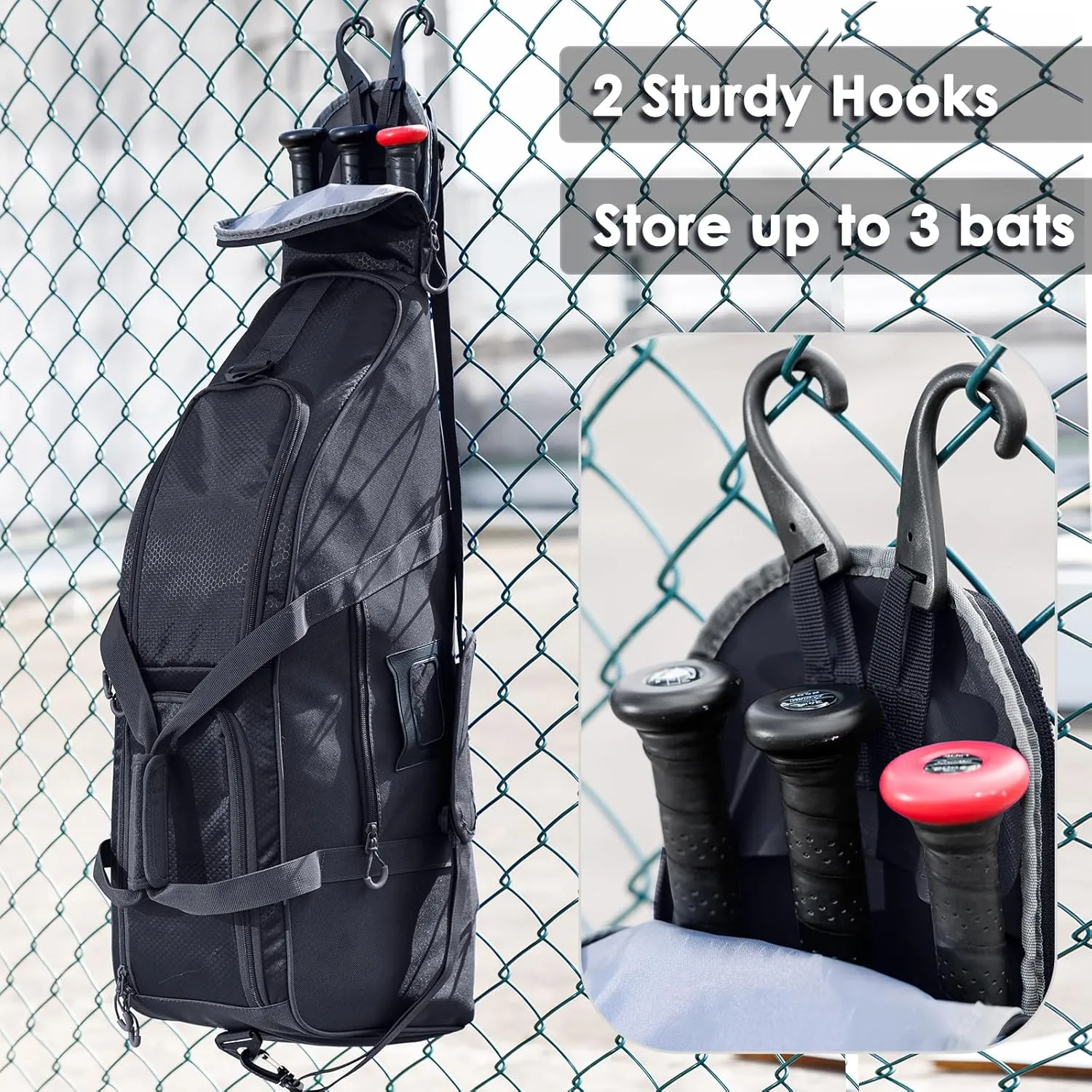 Rolling Baseball Bag With Wheels, Seperate Shoe Compartment and Fence Hook - Large Softball Bag for T-Ball - Team Equipment Duffle Bag - Catcher Gear Bag for Boys 8-12, Youth, Adults