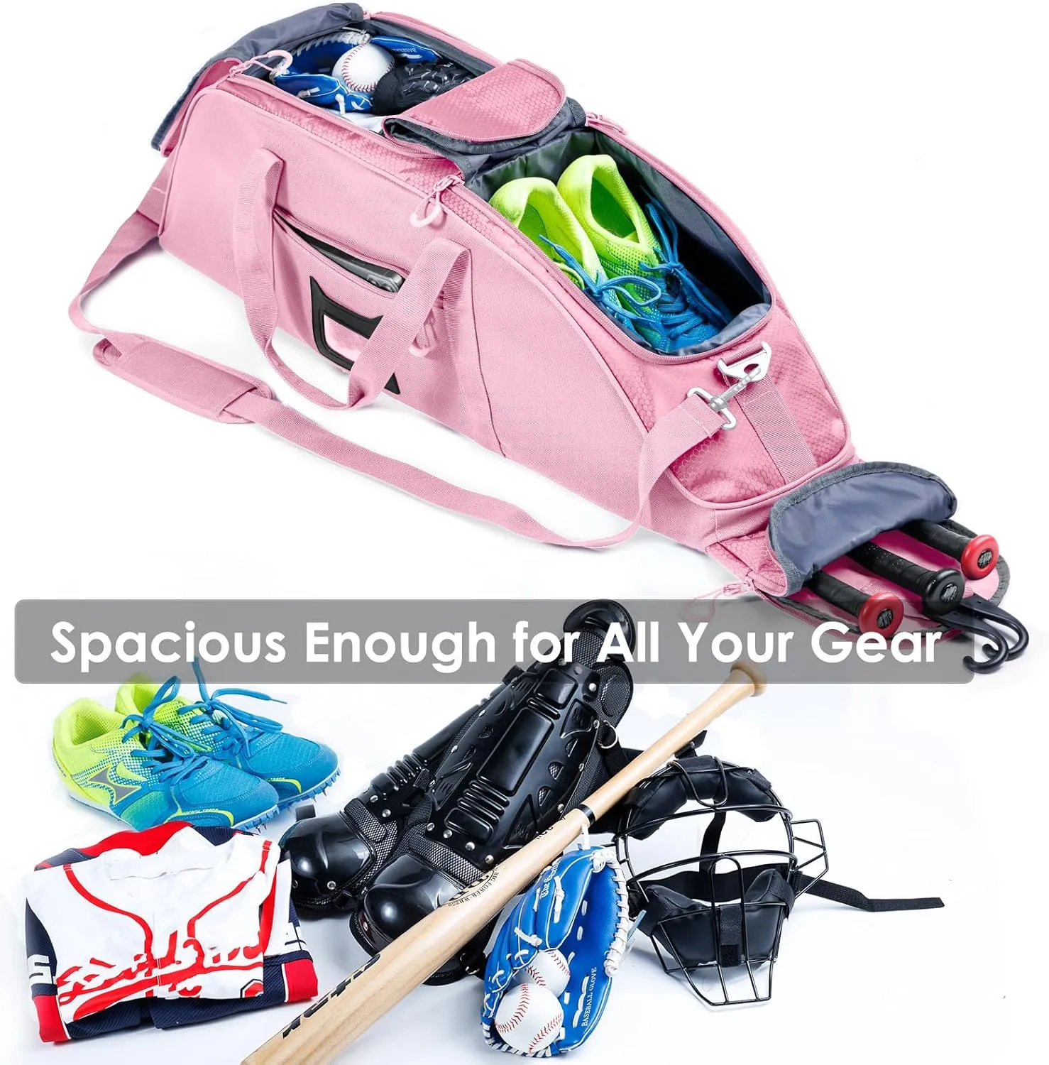 Rolling Baseball Bag With Wheels, Seperate Shoe Compartment and Fence Hook - Large Softball Bag for T-Ball - Team Equipment Duffle Bag - Catcher Gear Bag for Boys 8-12, Youth, Adults