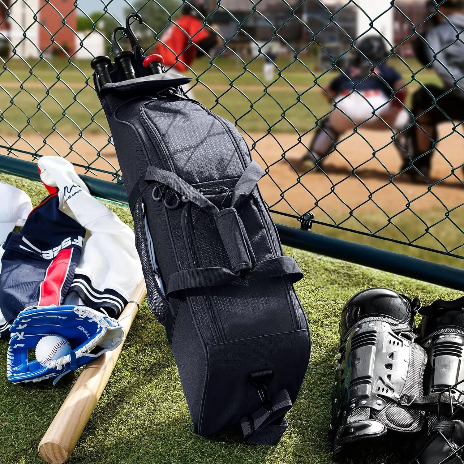 Rolling Baseball Bag With Wheels, Seperate Shoe Compartment and Fence Hook - Large Softball Bag for T-Ball - Team Equipment Duffle Bag - Catcher Gear Bag for Boys 8-12, Youth, Adults