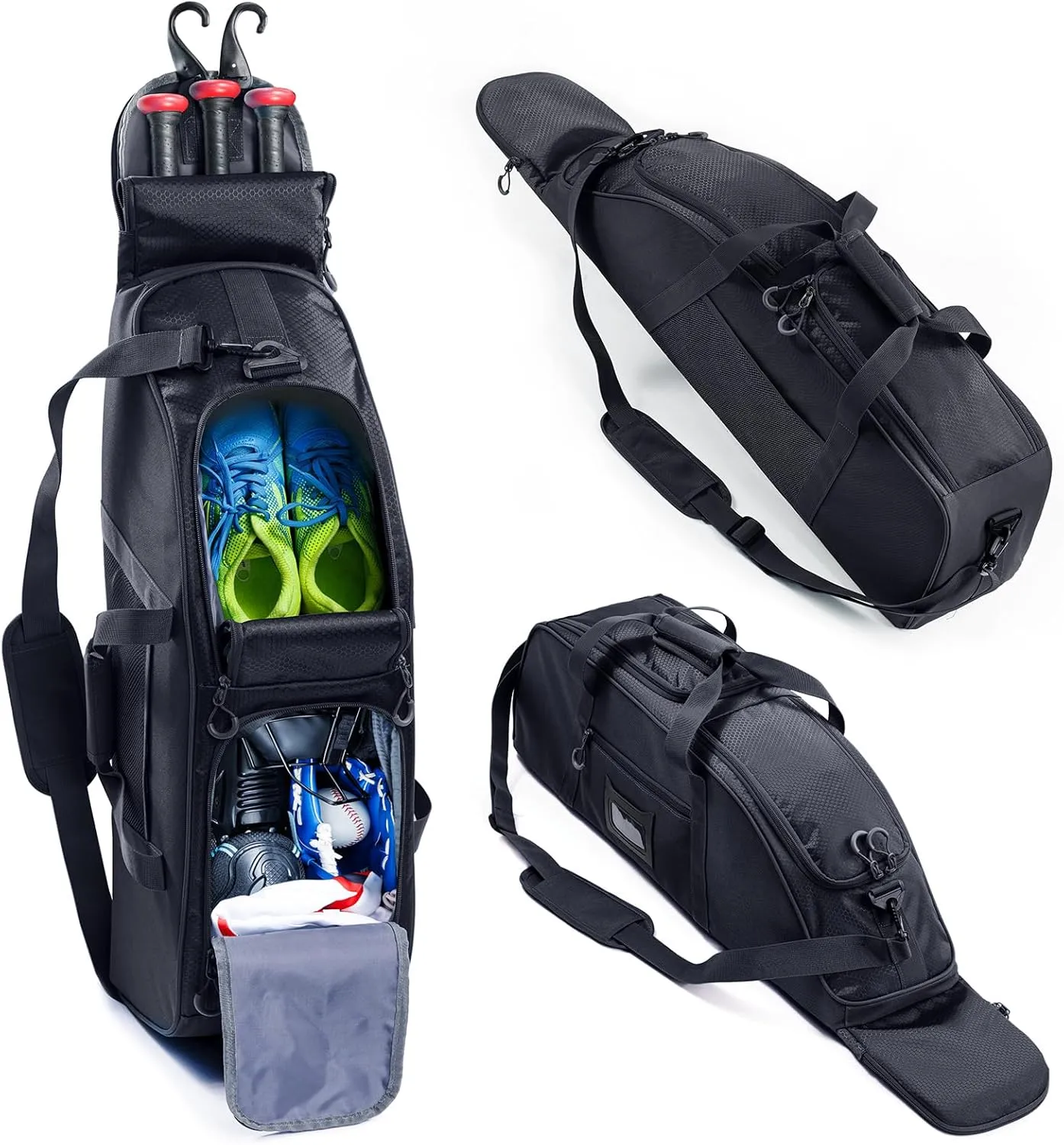 Rolling Baseball Bag With Wheels, Seperate Shoe Compartment and Fence Hook - Large Softball Bag for T-Ball - Team Equipment Duffle Bag - Catcher Gear Bag for Boys 8-12, Youth, Adults