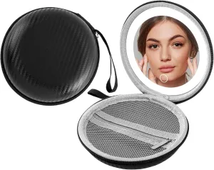 Round Case LED Makeup Mirror with Compact Storage & LED Touch Control – Waterproof, Rechargeable, Dual Light Modes, Portable Handheld Mirror with Lanyard (Black)