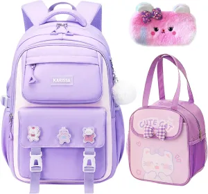 Rubytor 5PCS Kids Backpack Set Cute School Backpacks for Girls, Kawaii Teenage Laptop Bag 17in Fashion Daypack, Large Capacity Double Shoulder Backpack for Primary Elementary High School, Purple