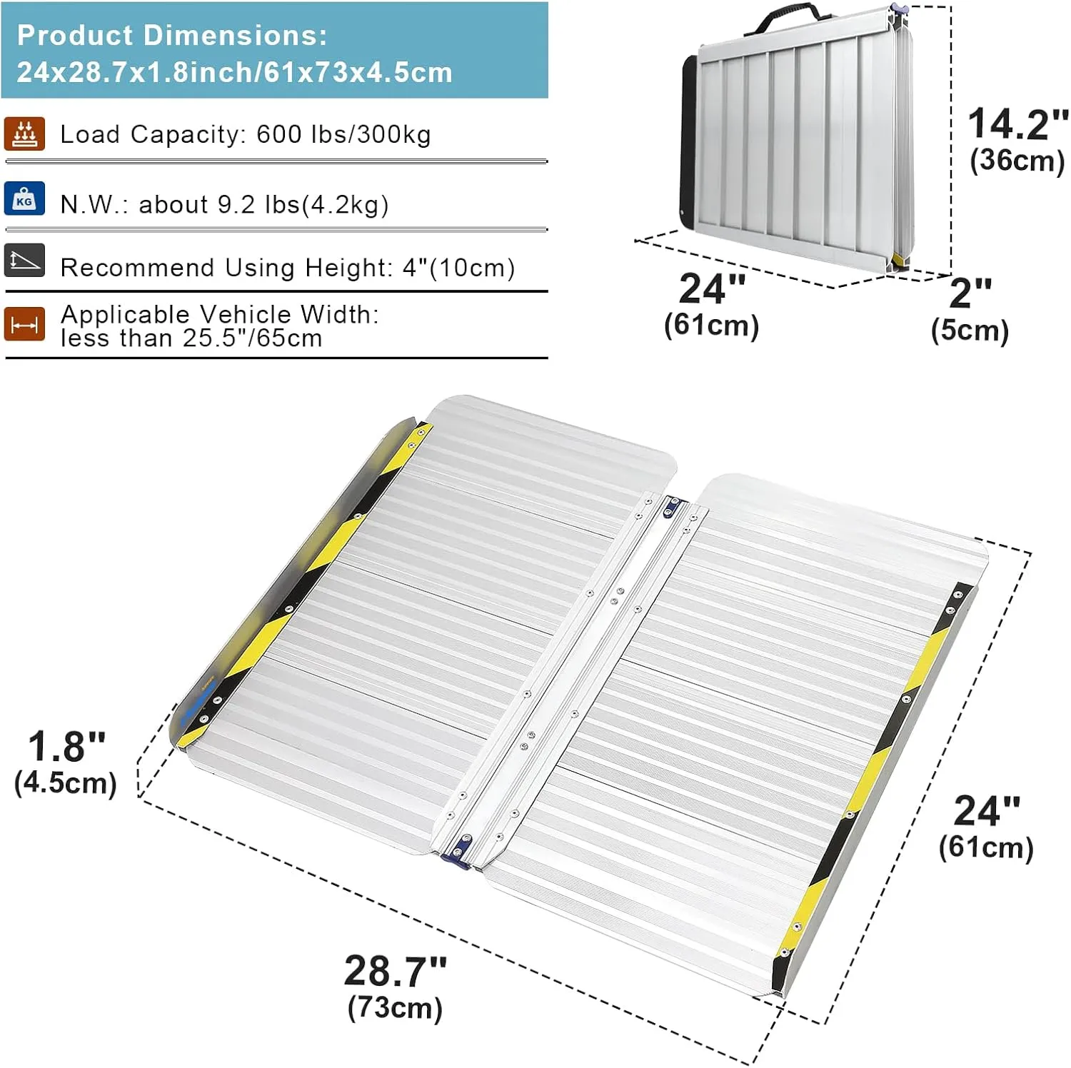 Ruedamann Aluminum Wheelchair Ramp,2 FT Folding Threshold Ramps for Doorways, 600 lb Capacity, Anti-Skid Pad, Webbing Handle, Mute Pad for Wheelchairs, Steps, Doorways, Threshold Ramp, 1PC