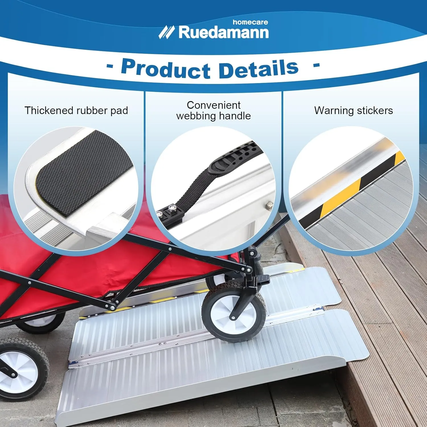 Ruedamann Aluminum Wheelchair Ramp,2 FT Folding Threshold Ramps for Doorways, 600 lb Capacity, Anti-Skid Pad, Webbing Handle, Mute Pad for Wheelchairs, Steps, Doorways, Threshold Ramp, 1PC