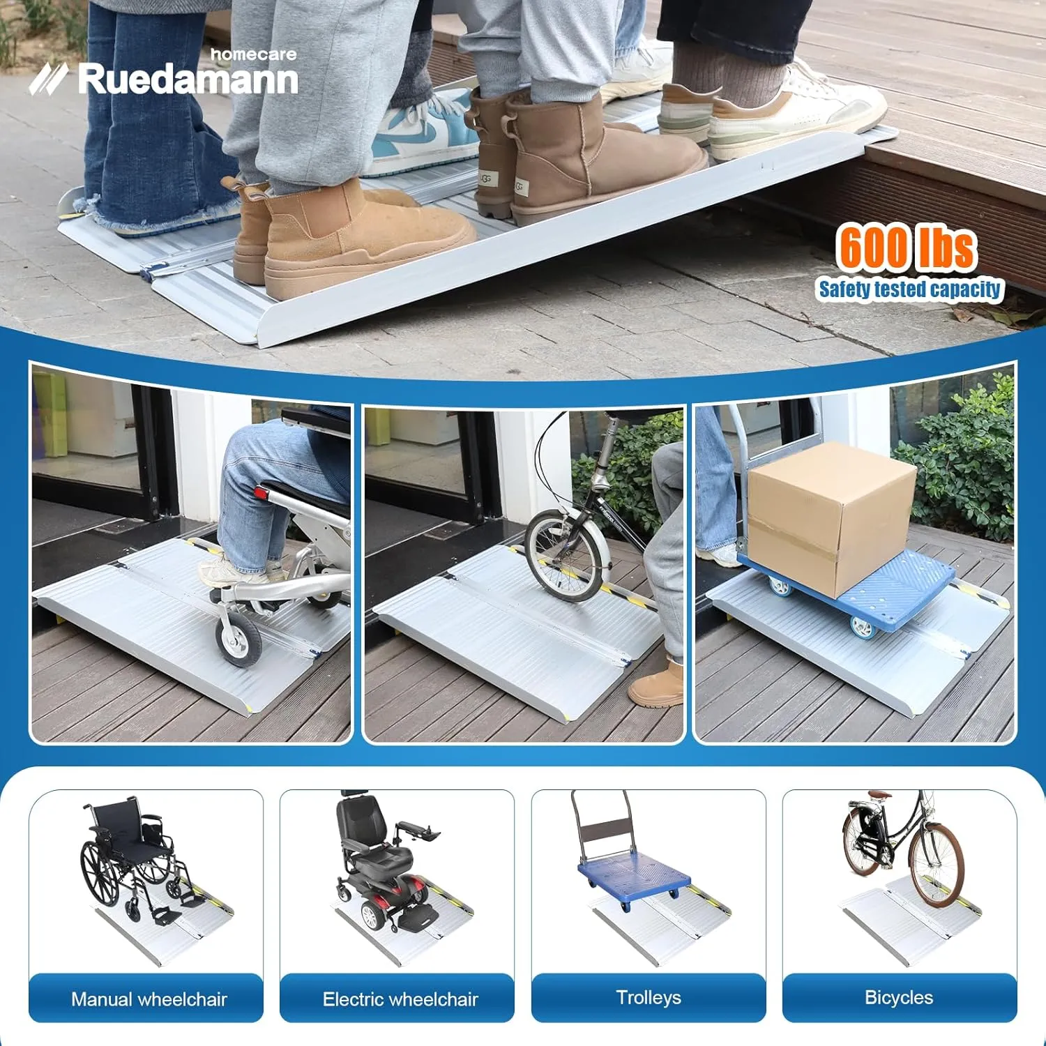 Ruedamann Aluminum Wheelchair Ramp,2 FT Folding Threshold Ramps for Doorways, 600 lb Capacity, Anti-Skid Pad, Webbing Handle, Mute Pad for Wheelchairs, Steps, Doorways, Threshold Ramp, 1PC