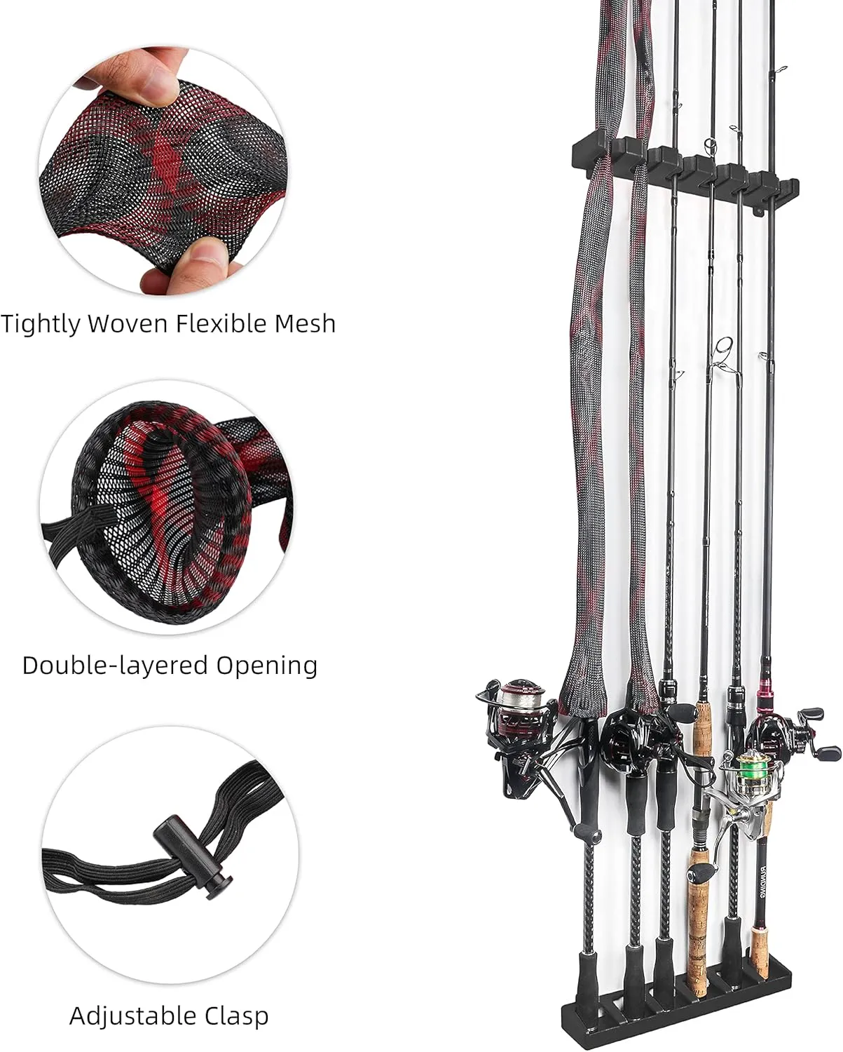 RUNCL Fishing Rod Holder, Rod Sleeve, and Rod Strap Kit, Wall Mounted Vertical Fishing Rod Rack, Fishing Pole Holders Hold Up to 6 5-11mm Rods, Fishing Rod Storage Combo Set