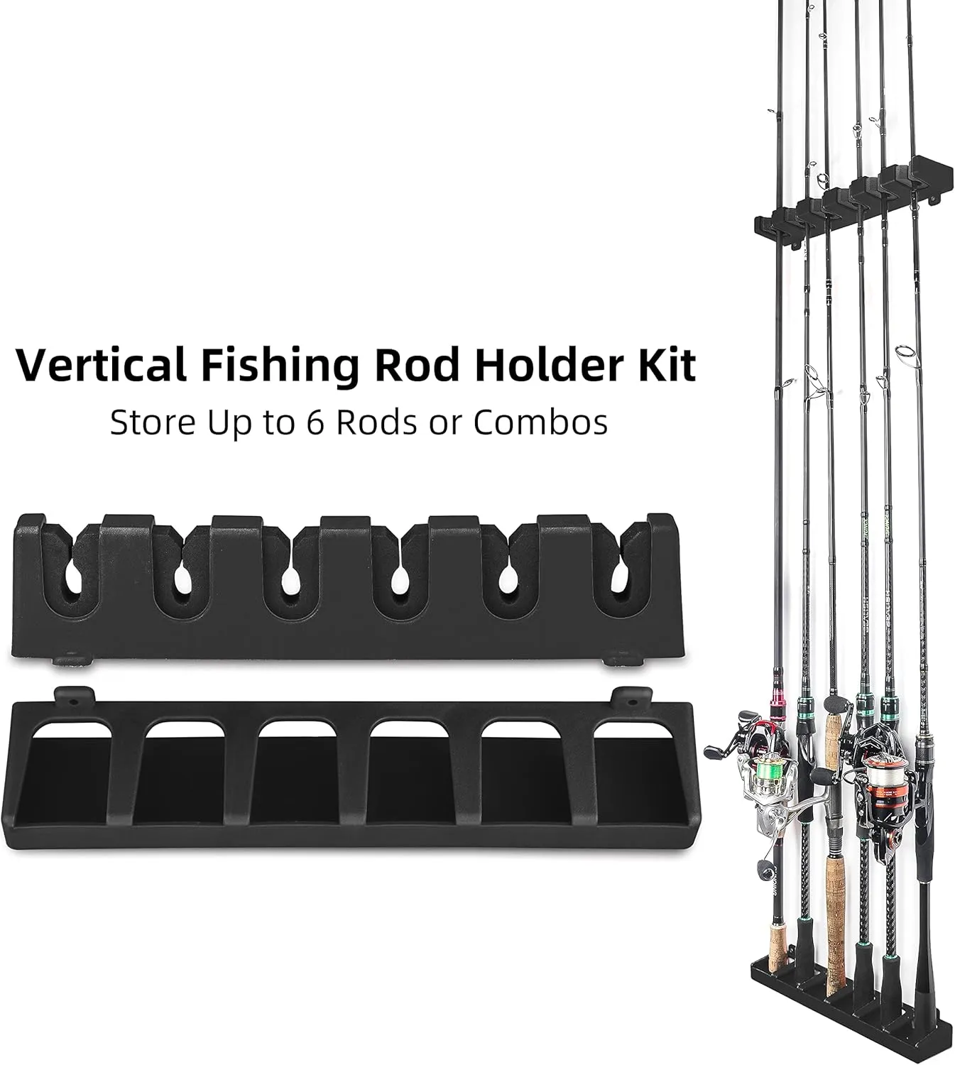 RUNCL Fishing Rod Holder, Rod Sleeve, and Rod Strap Kit, Wall Mounted Vertical Fishing Rod Rack, Fishing Pole Holders Hold Up to 6 5-11mm Rods, Fishing Rod Storage Combo Set