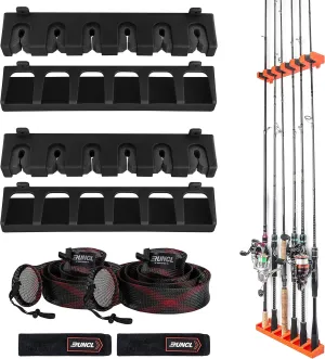 RUNCL Fishing Rod Holder, Rod Sleeve, and Rod Strap Kit, Wall Mounted Vertical Fishing Rod Rack, Fishing Pole Holders Hold Up to 6 5-11mm Rods, Fishing Rod Storage Combo Set