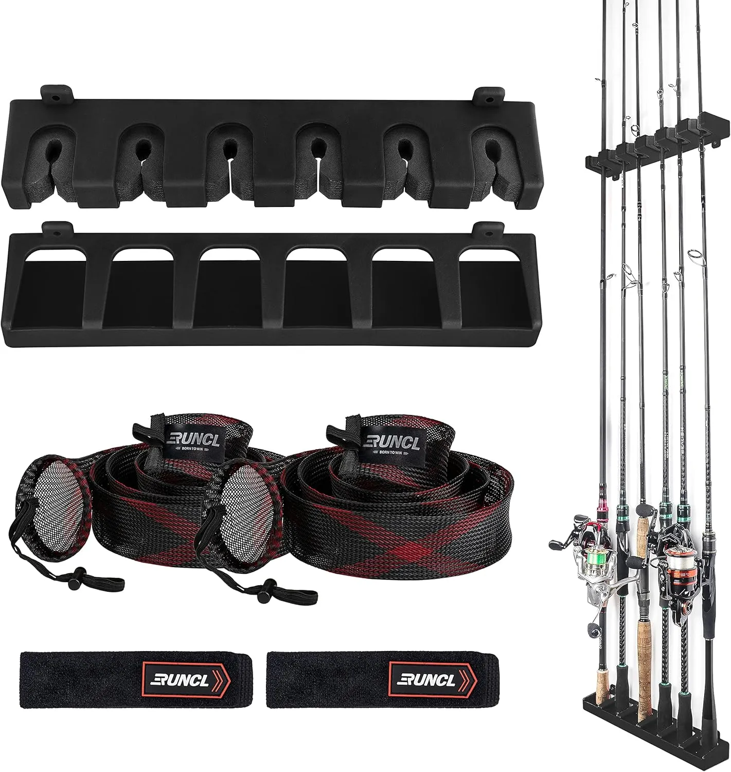 RUNCL Fishing Rod Holder, Rod Sleeve, and Rod Strap Kit, Wall Mounted Vertical Fishing Rod Rack, Fishing Pole Holders Hold Up to 6 5-11mm Rods, Fishing Rod Storage Combo Set