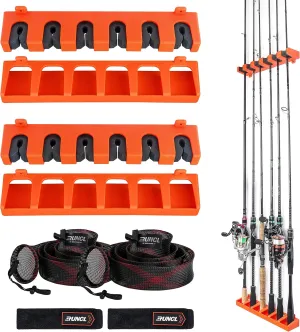 RUNCL Fishing Rod Holder, Rod Sleeve, and Rod Strap Kit, Wall Mounted Vertical Fishing Rod Rack, Fishing Pole Holders Hold Up to 6 5-11mm Rods, Fishing Rod Storage Combo Set