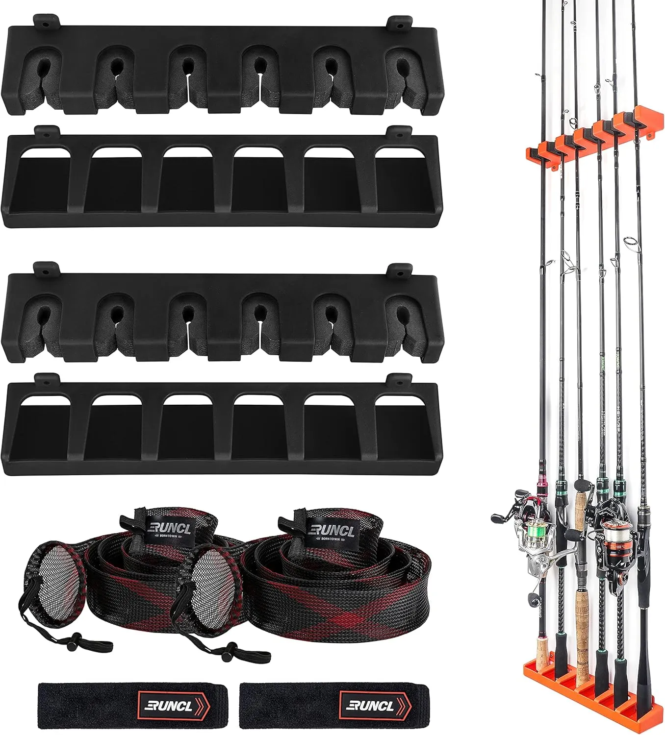 RUNCL Fishing Rod Holder, Rod Sleeve, and Rod Strap Kit, Wall Mounted Vertical Fishing Rod Rack, Fishing Pole Holders Hold Up to 6 5-11mm Rods, Fishing Rod Storage Combo Set