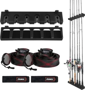 RUNCL Fishing Rod Holder, Rod Sleeve, and Rod Strap Kit, Wall Mounted Vertical Fishing Rod Rack, Fishing Pole Holders Hold Up to 6 5-11mm Rods, Fishing Rod Storage Combo Set